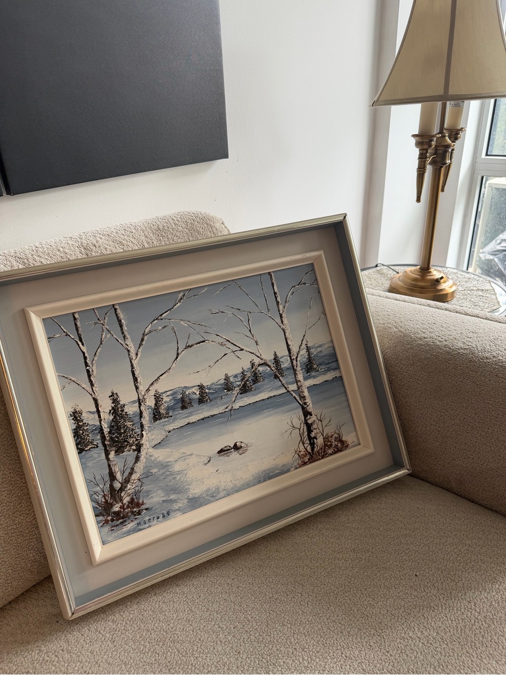 Framed Winter Landscape Wall Art - Cream & Blue